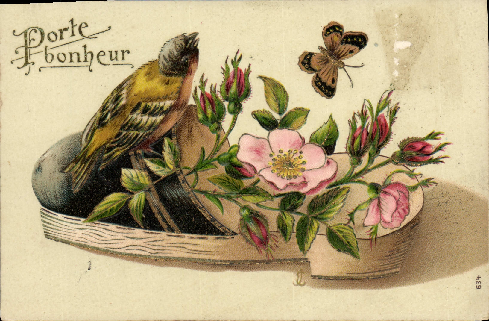 Oiseau et papillon sur chaussure — Porte bonheur — n° 634