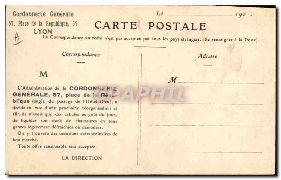 CPA Chaussures Coordonnerie generale place de la Republique Lyon  — Rückseite