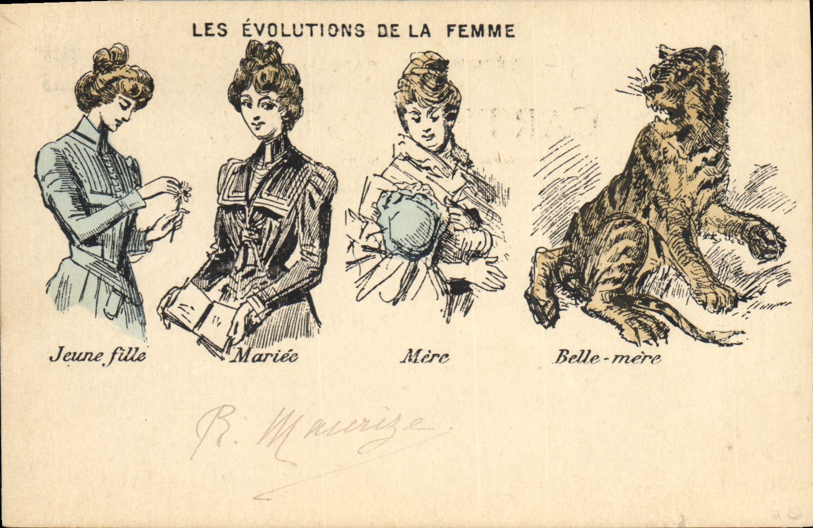 CPA Fantaisie Illustrateur Les evolutions de la femme Jeune fille Mariee mere Belle mere Hyene 