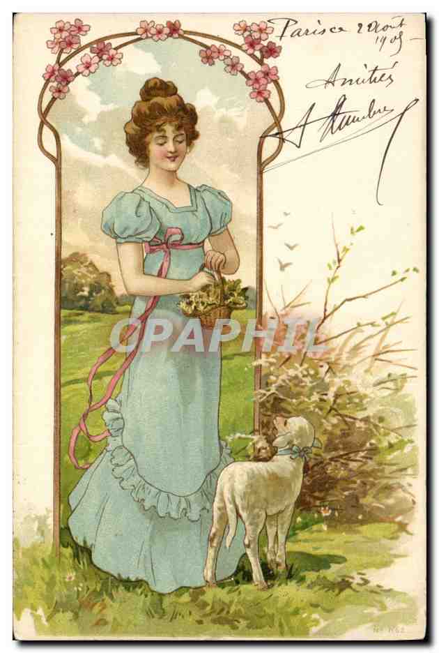 CPA Fantaisie Illustrateur Femme Agneau 