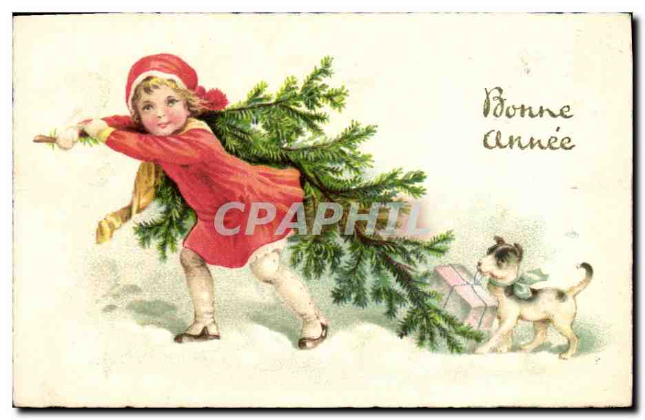 CPA Fantaisie Illustrateur Enfant Bonne annee Chien 