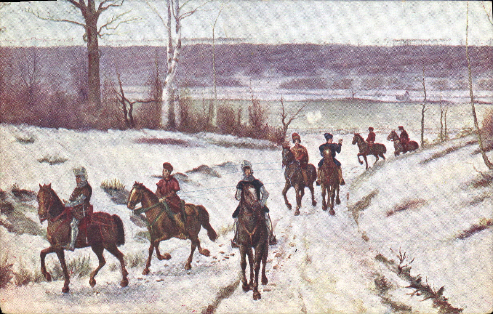 CPA Jeanne d'Arc accompagnee de six hommes d'arme part de Vaucouleurs