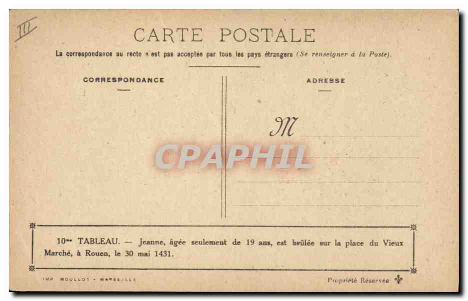 CPA Jeanne d'Arc agee de 19 ans est brulee sur la place du Vieux Marche a Rouen  — Rückseite