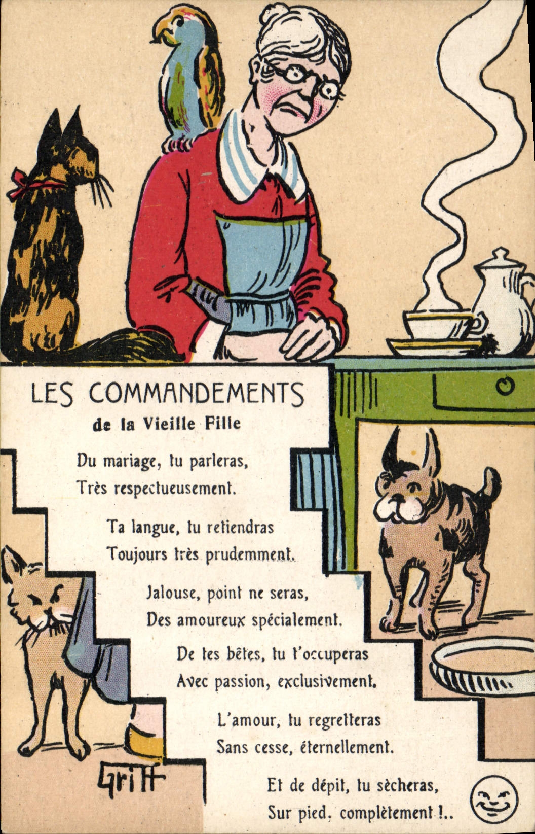 CPA Fantaisie Illustrateur Griff Les commandements de la vieille fille 