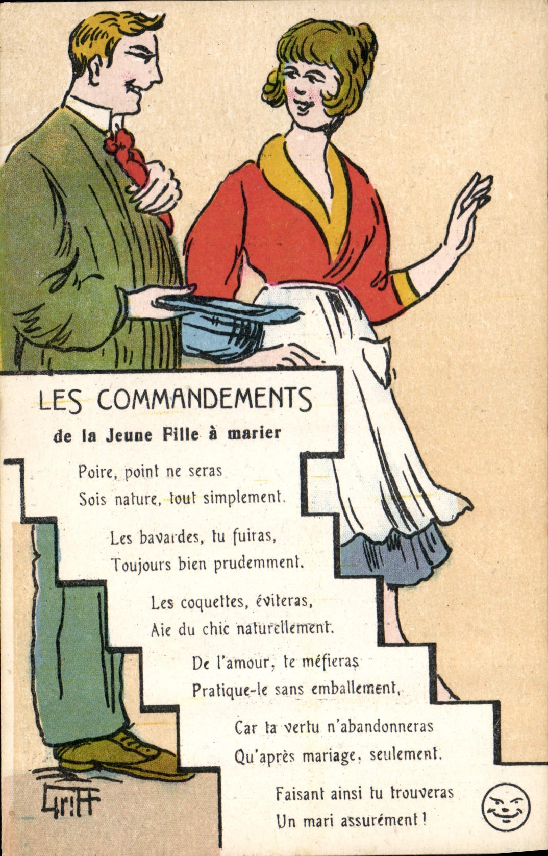 CPA Fantaisie Illustrateur Griff Les commandements de la jeune fille a marier 