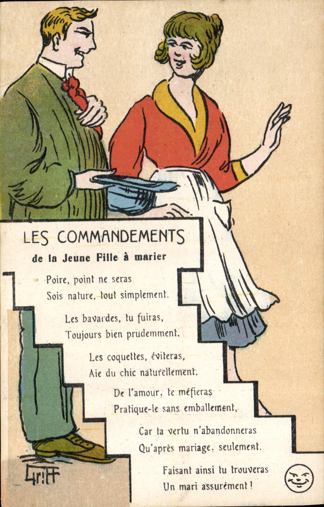CPA Fantaisie Illustrateur Griff Les commandements de la jeune fille a marier 