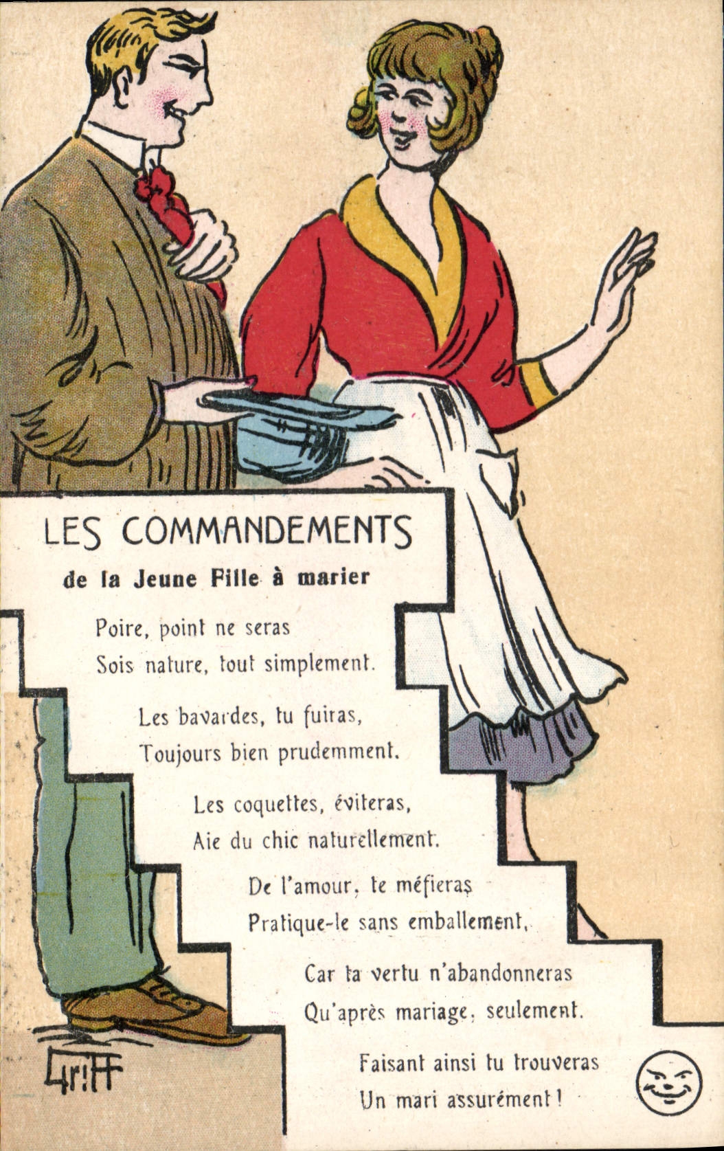 CPA Fantaisie Illustrateur Griff Les commandements de la jeune fille a marier 