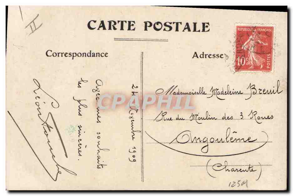 Femme en robe à volants — texte imprimé et manuscrit — éditeur Léon Touchy, n° 603 — Rückseite