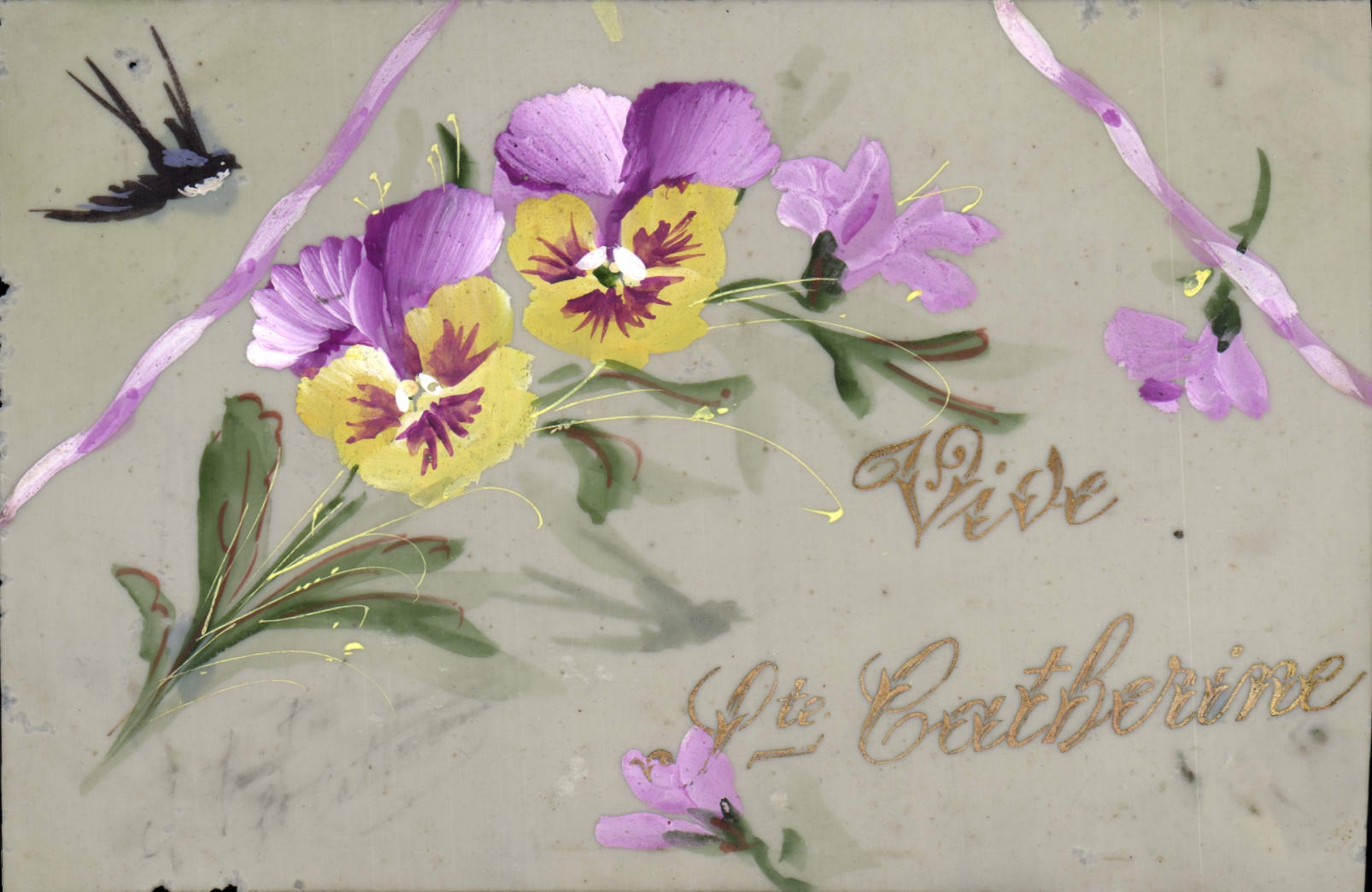 Fleurs et oiseau — 'Vive Catherine' — Carte postale