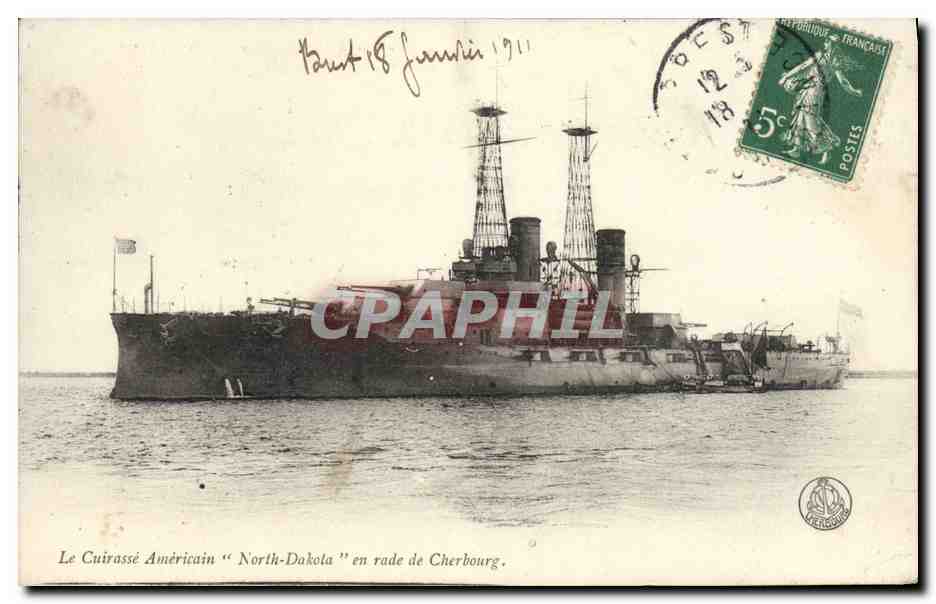 Le Cuirassé Américain "North-Dakota" en rade de Cherbourg — éditeur : "C.P.A."
