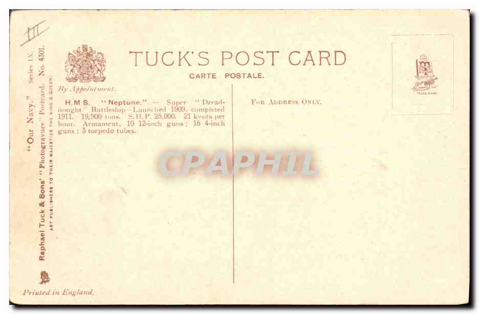 CPA Bateau Guerre HMS Neptune  — Verso