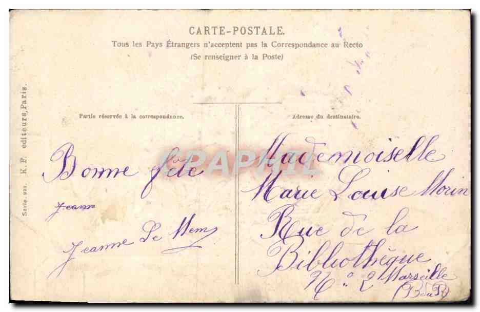 Bouquet de campanules — Bonne Fête — K.P. éditeurs, Paris, série 398 — Rückseite