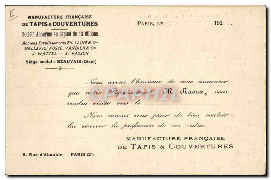 Établissements Ed. LAINÉ & Cie — Salle de références — Beauvais (Oise) — Verso