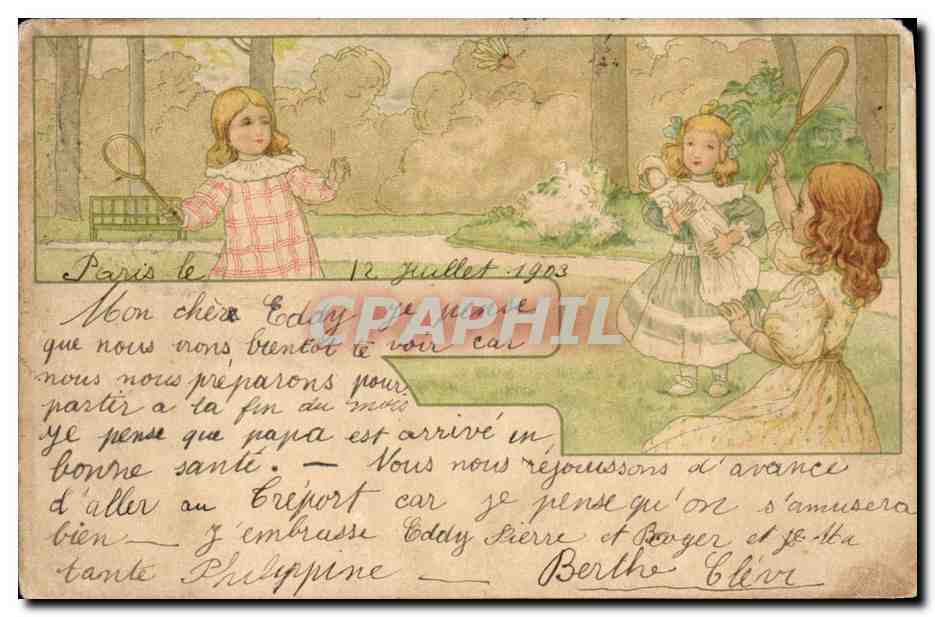 CPA Fantaisie Illustrateur Enfants Tennis Badminton 