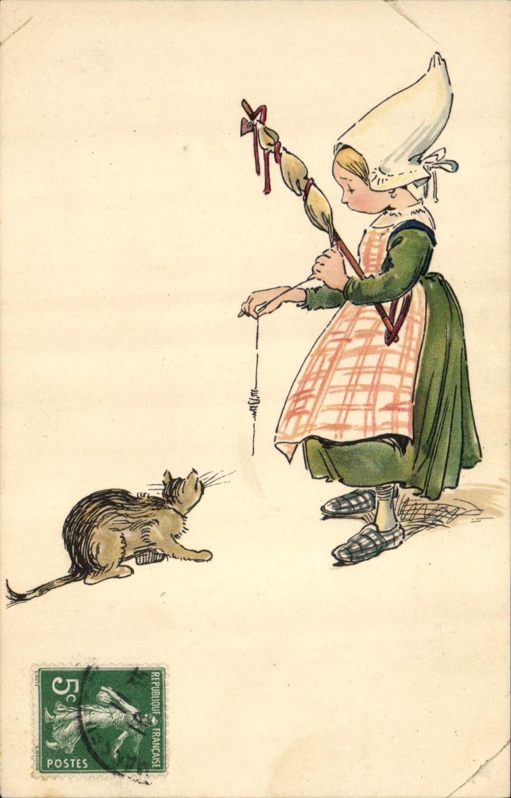 CPA Fantaisie Illustrateur Enfant Fileuse Chat 
