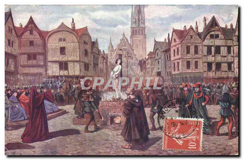 CPA Jeanne d'Arc Jeanne agee seulement de 19 ans est brulee sur la place du Vieux Marche a Rouen 