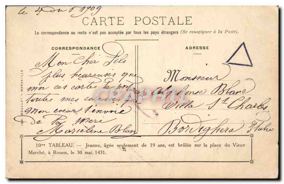 CPA Jeanne d'Arc Jeanne agee seulement de 19 ans est brulee sur la place du Vieux Marche a Rouen  — Verso