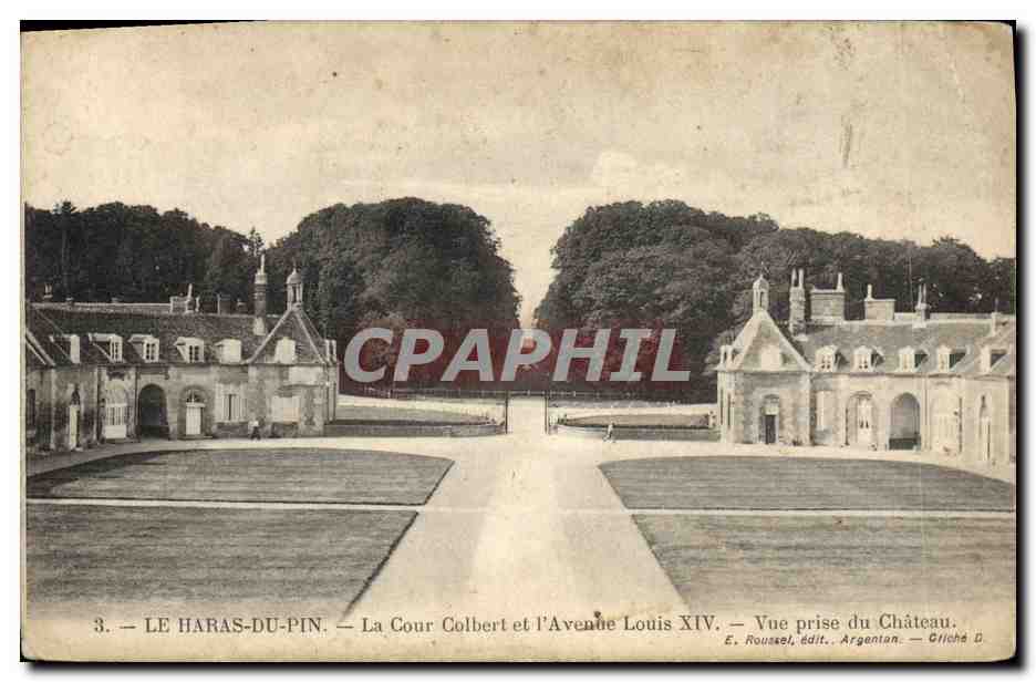 CPA Cheval Chevaux Hippisme Le Haras du Pin La cour colbert et l'avenue Louis XIV Vue prise du chateau