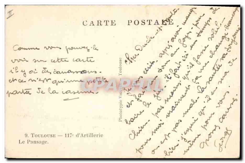 CPA Cheval Chevaux Hippisme Toulouse 117eme d'artillerie Le pansage — Verso
