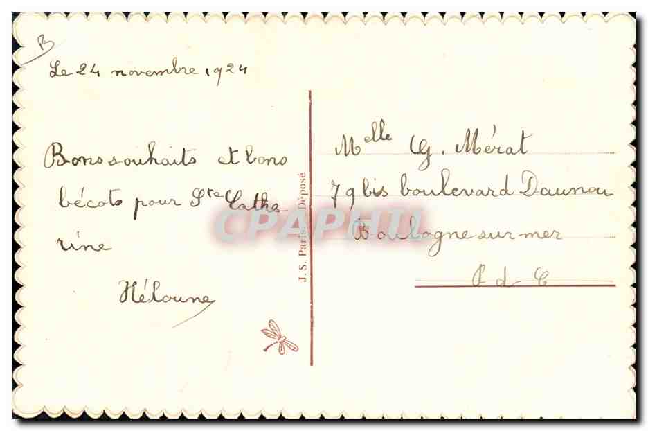 Carte postale brodée — 'Catherine' — J.S. Paris Déposé — Achterkant