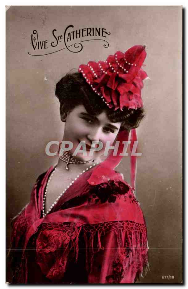 Jeune femme en robe et chapeau rouges — dédicace 'Vive Ste Catherine' — série 677/18