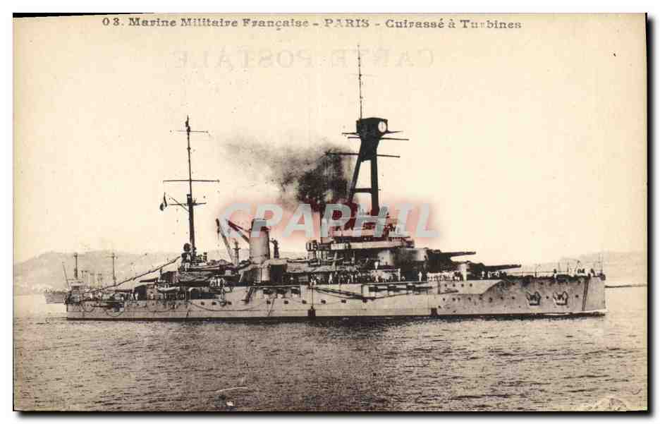 Bateau de guerre français — Marine Militaire Française - PARIS - Cuirassé à Turbines — éditeur Carte Postale