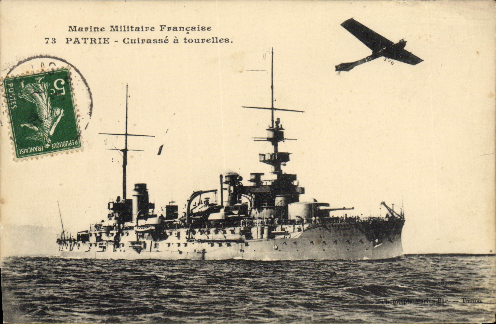Buque de guerra francés — 73 PATRIE — Acorazado con torretas — Fotógrafo Marius Bar — Toulón