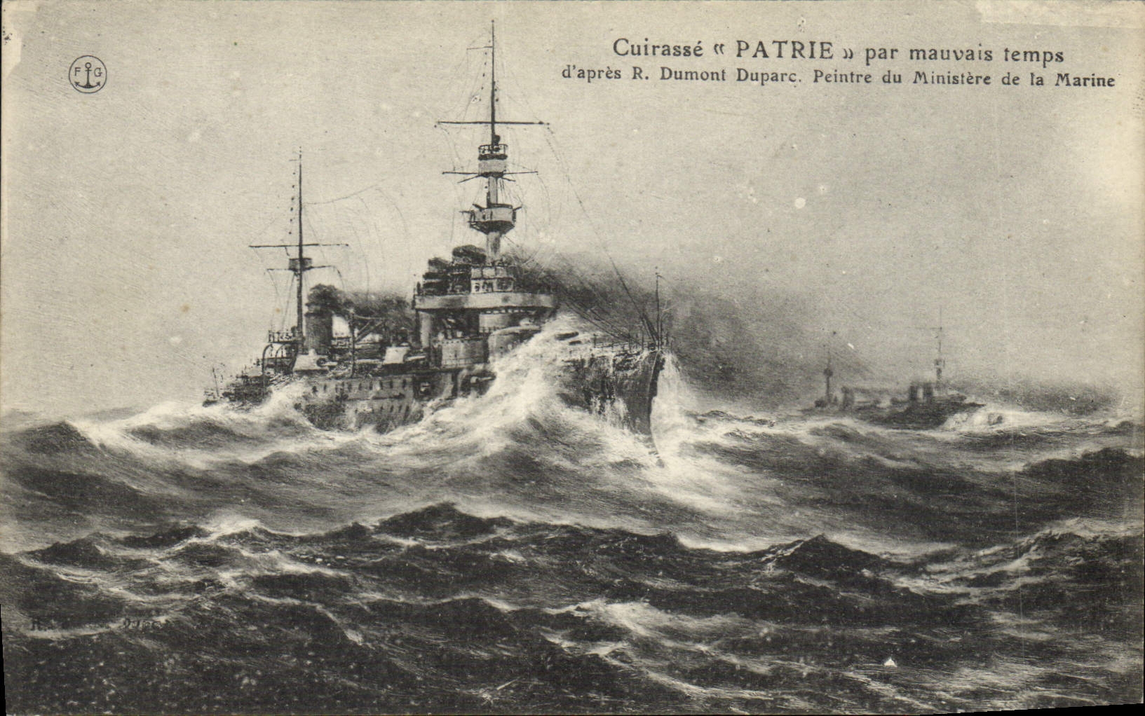 Cuirassé « PATRIE » par mauvais temps — d'après R. Dumont Duparc, Peintre du Ministère de la Marine