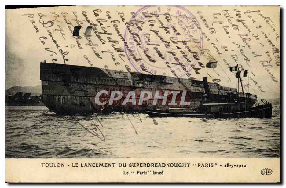Antieke ansichtkaart Oorlogsschip Toulon Het lanceren van het superdreadnought Parijs Parijs lanceert