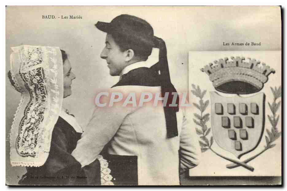 CPA Folklore Baud Les maries Mariage Les armes de Baud 