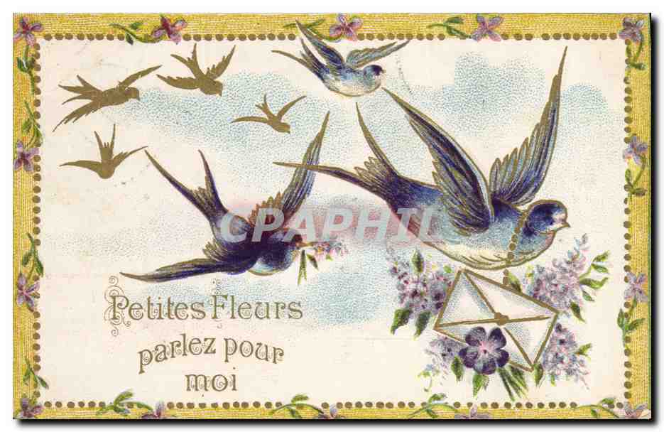 CPA Fantaisie Fleurs Hirondelles 