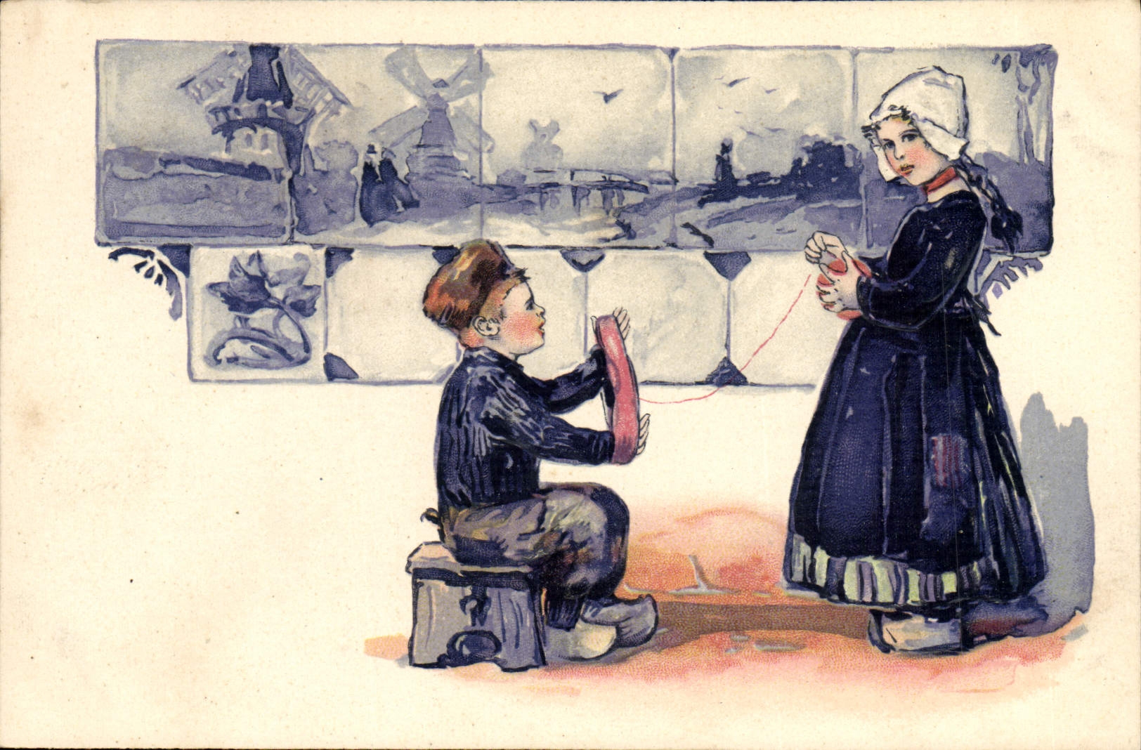 Enfants jouant à la corde — Paysage néerlandais — Série 8 CPAPHIL