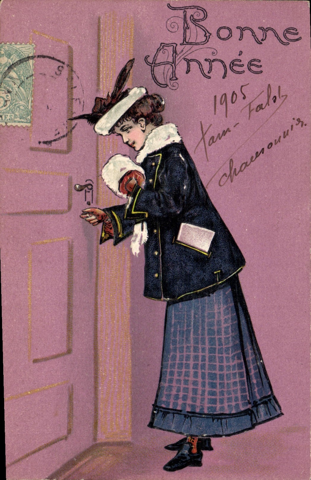 Femme en manteau à col fourrure — porte — Bonne Année 1905 — Tam-Falol, Chamonix