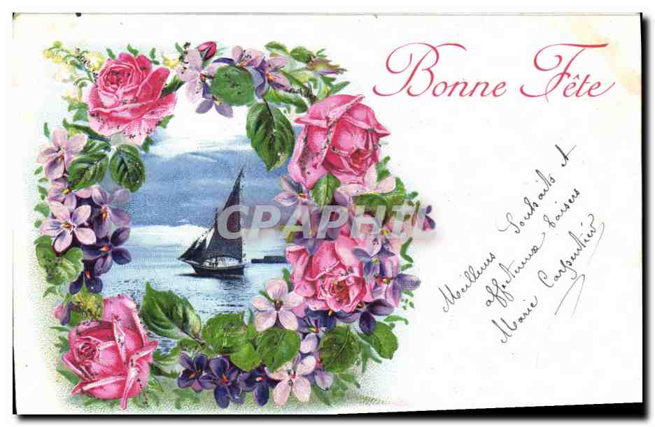 CPA Fantaisie Fleurs Bateau Bonne fete 