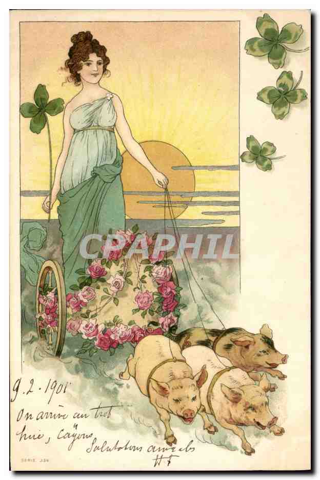 CPA Fantaisie Illustrateur Femme Cochons Cochon Porc 