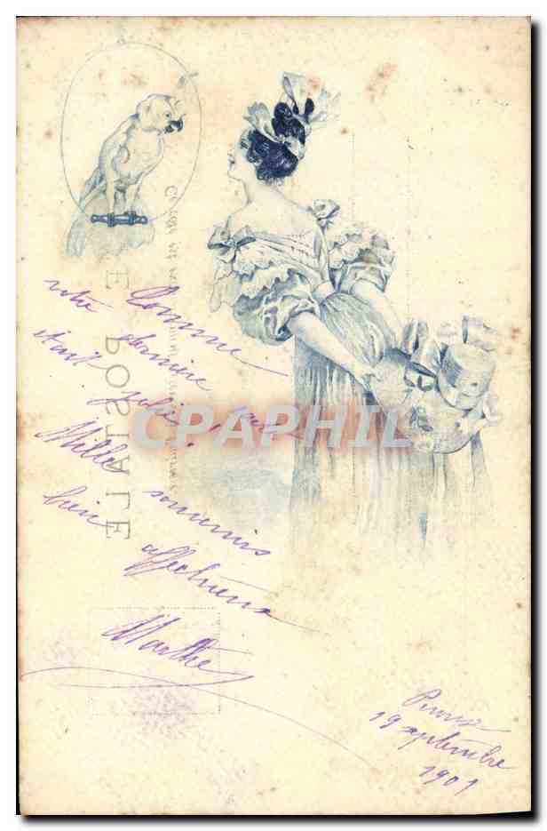 CPA Fantaisie Illustrateur Femme Perroquet 