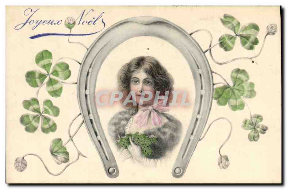 CPA Fantaisie Illustrateur Femme Fer a cheval Trefles 