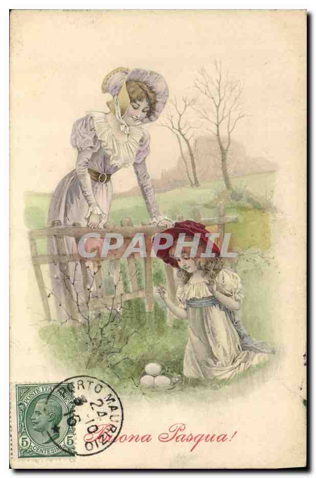 CPA Fantaisie Illustrateur Femme Enfants Paques 