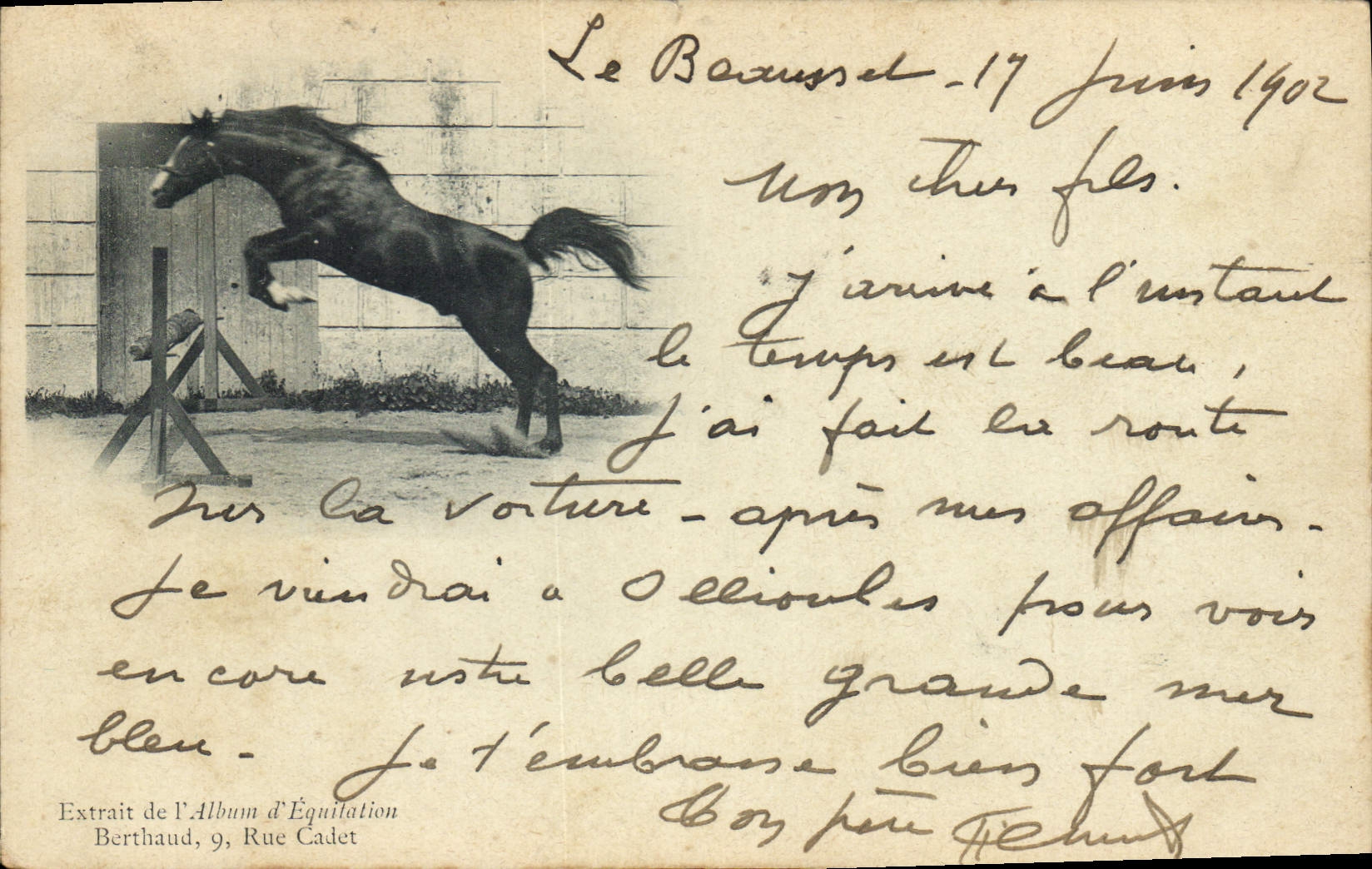 Un cheval sautant — Extrait de l'Album d'Équitation — Berthaud, 9, Rue Cadet