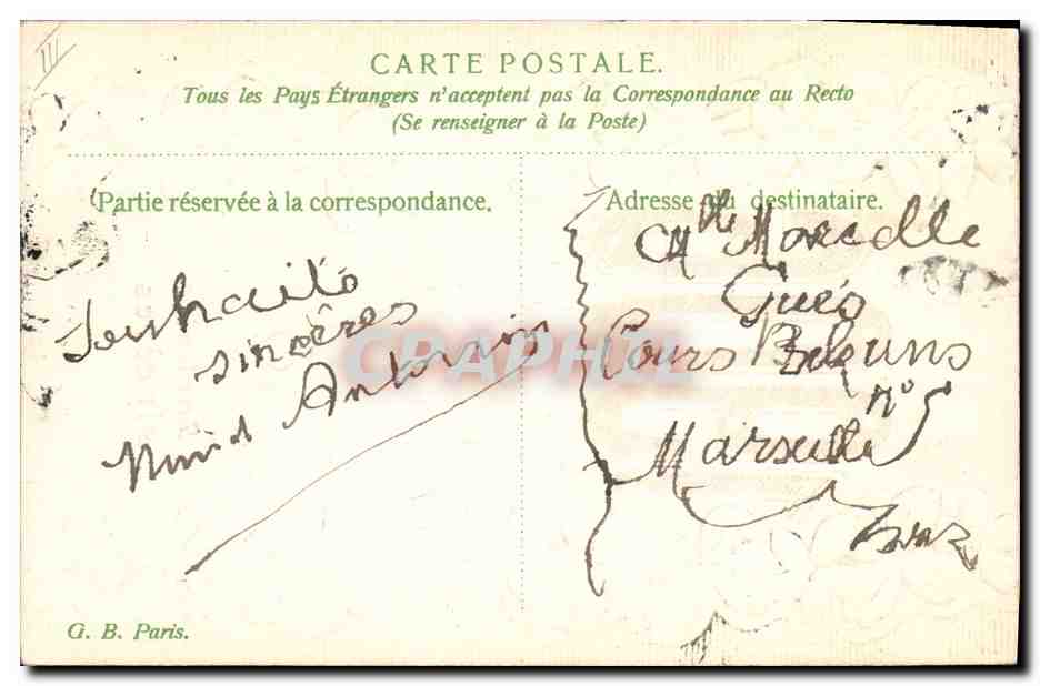 Carte postale de violets — 1906 — G. B. Paris — Verso
