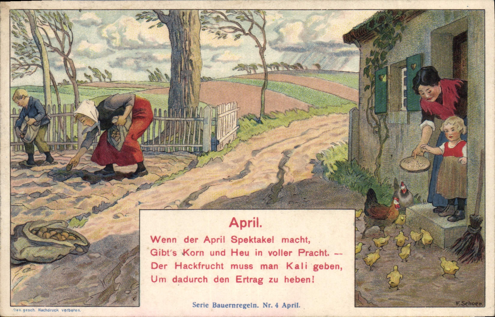 Scène de campagne en avril — Série des Règles des Agriculteurs, n°4 — F. Schoen
