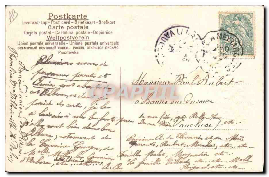Viooltjes en klaverbladeren — Jaar 1907 — Goed jaar — Antieke ansichtkaart — Achterkant