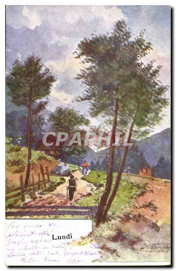 Lundi — vue de montagne avec sentier et cabane — éditeur A. Tampagny, n° 738-1