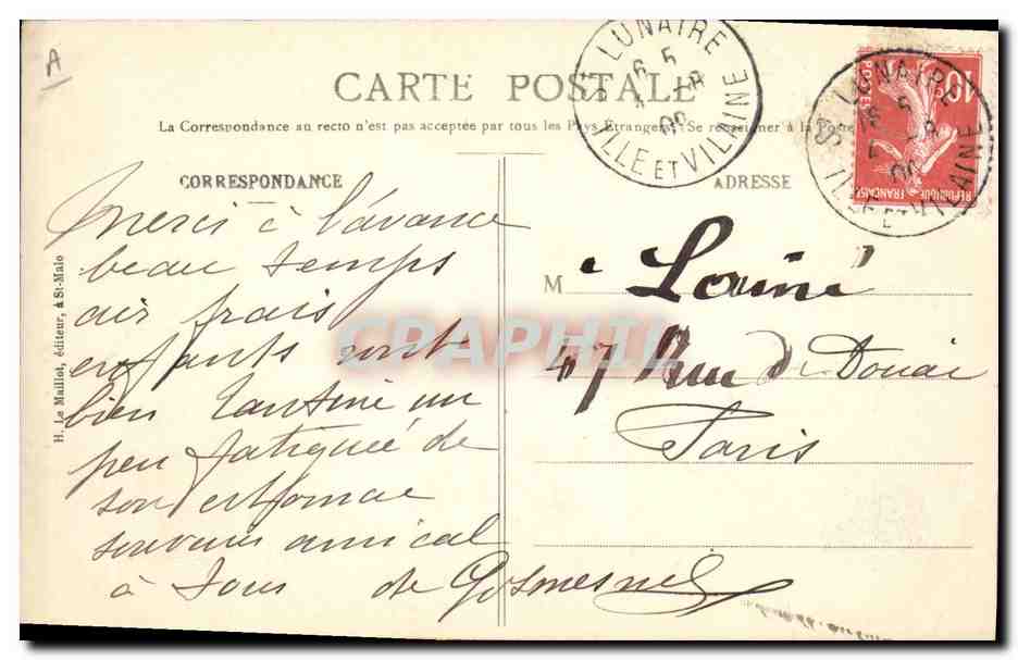 CPA Folklore Coiffe de St Lunaire  — Verso