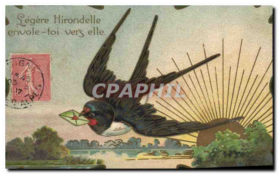 CPA Fantaisie Fleurs Hirondelle Soleil