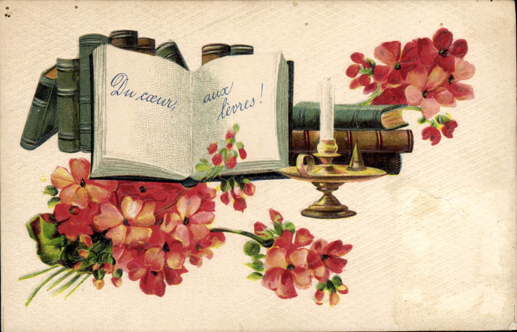Livre ouvert avec fleurs — 'Du cœur aux livres !' — éditeur non visible