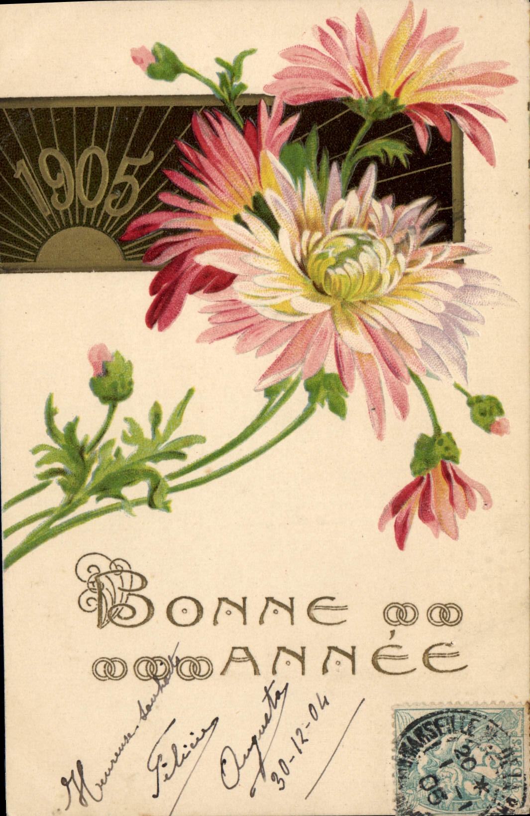 Fleurs de chrysanthèmes — Bonne Année 1905 — éditeur non visible