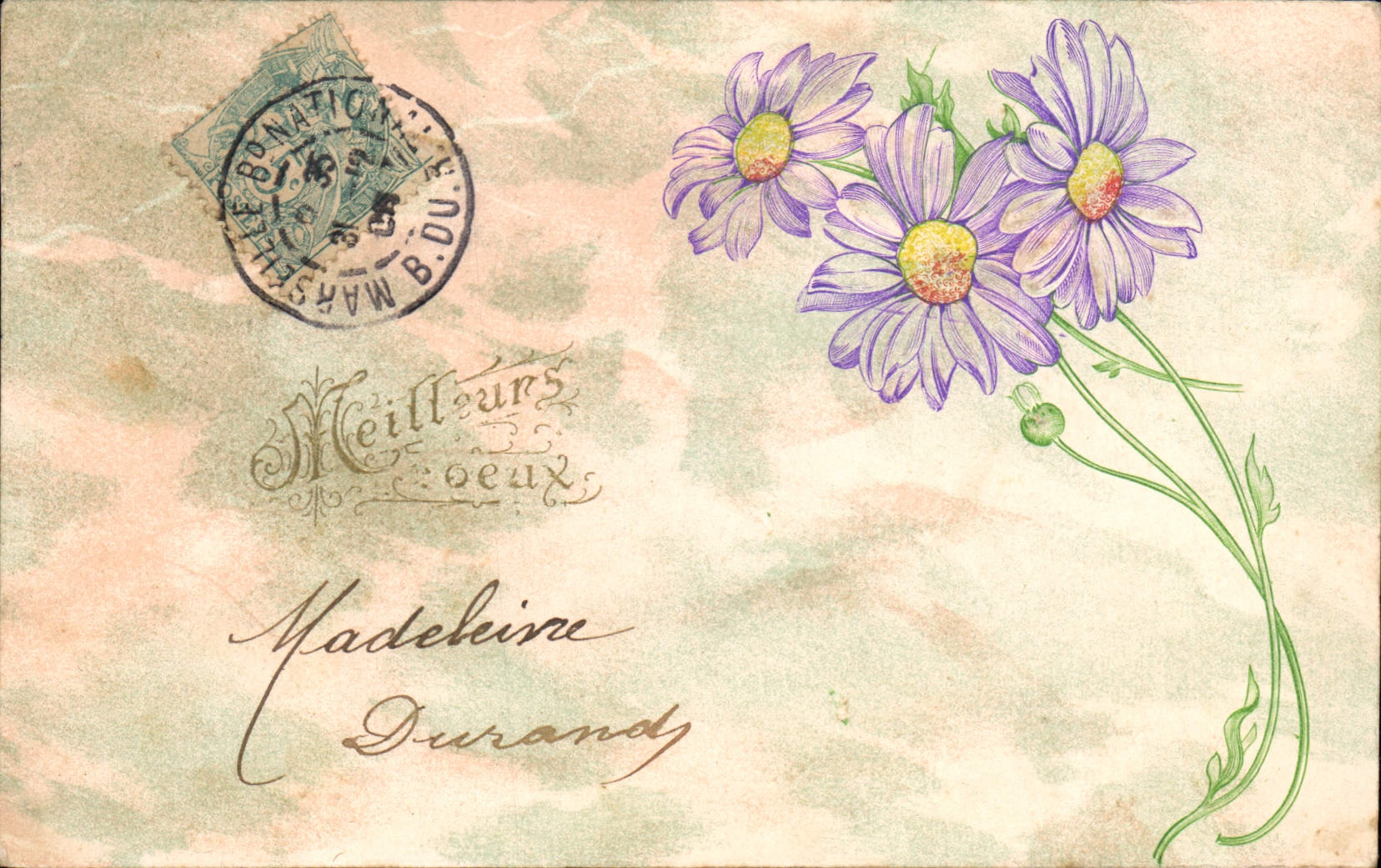Fleurs violettes — carte postale avec texte imprimé 'Meilleurs voeux' — éditeur non identifié