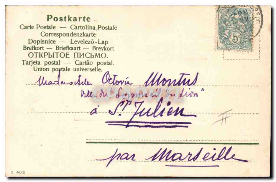 Femme en robe de scène — carte postale décorée de fleurs violettes — éditeur S. 403 — Reverso
