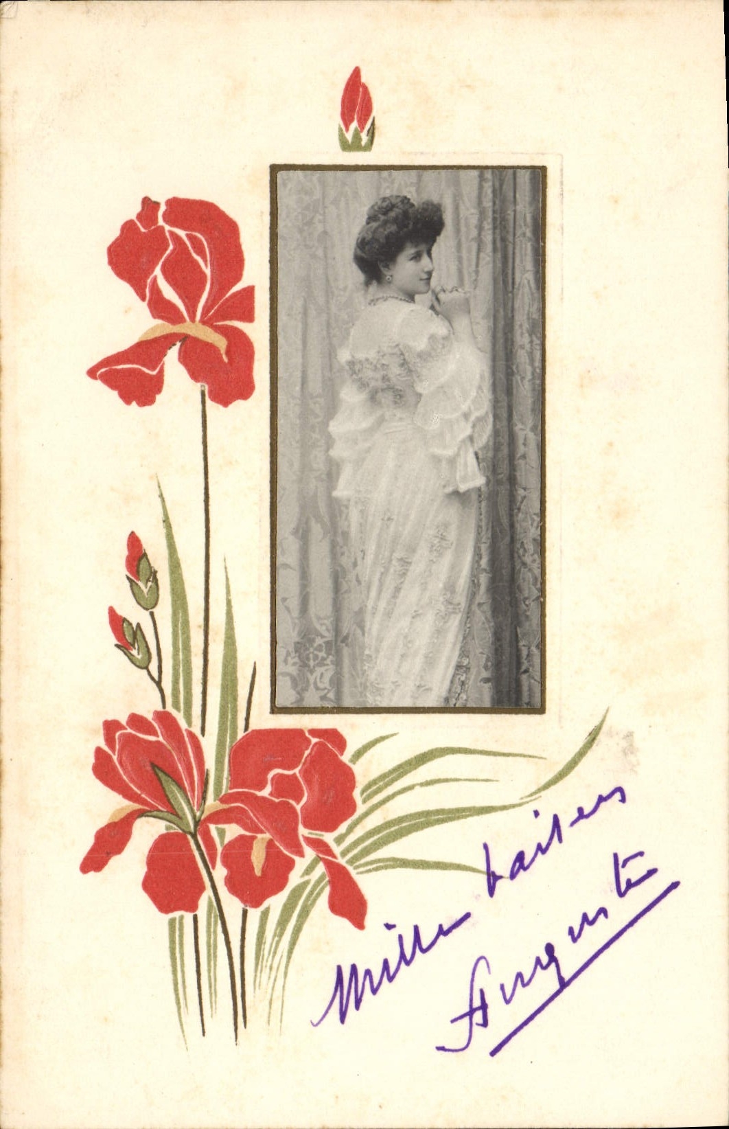 Woman in a White Dress — illustration of red iris flowers — publisher S. 403